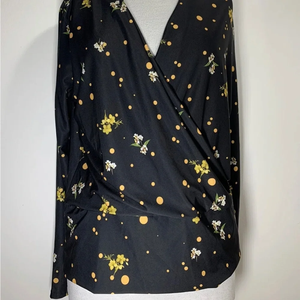 Dorothy Perkins Floral Blouse Top Long Sleeves Black Wrap Front Stretch UK 12 - Picture 11 of 15